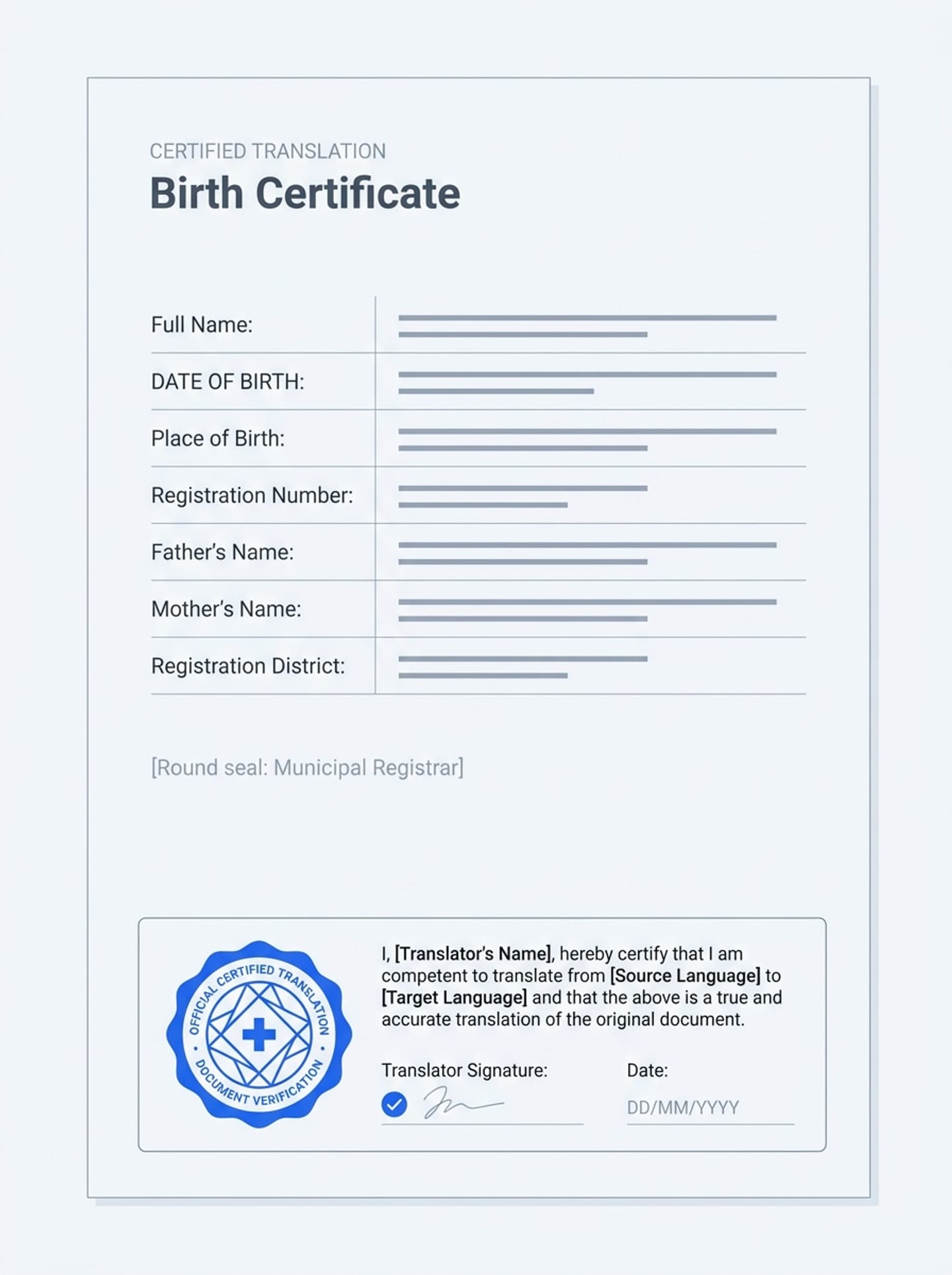 Illustrative sample of a certified birth certificate translation showing mirrored layout, bracketed seal notation, and signed certificate of translation accuracy